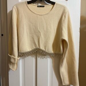 Zara Ivory Knit Sweater with Beaded Hem